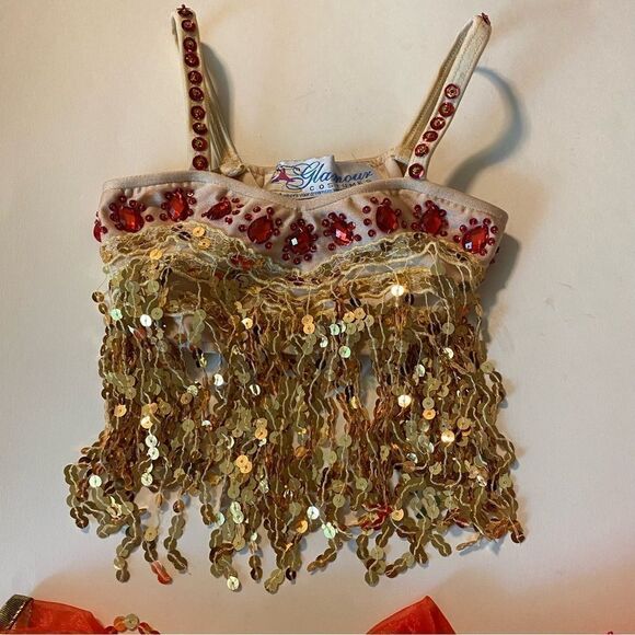 Glamour dance costume 2 piece red jewel gold fringe tutu dress small child SC - Picture 3 of 15